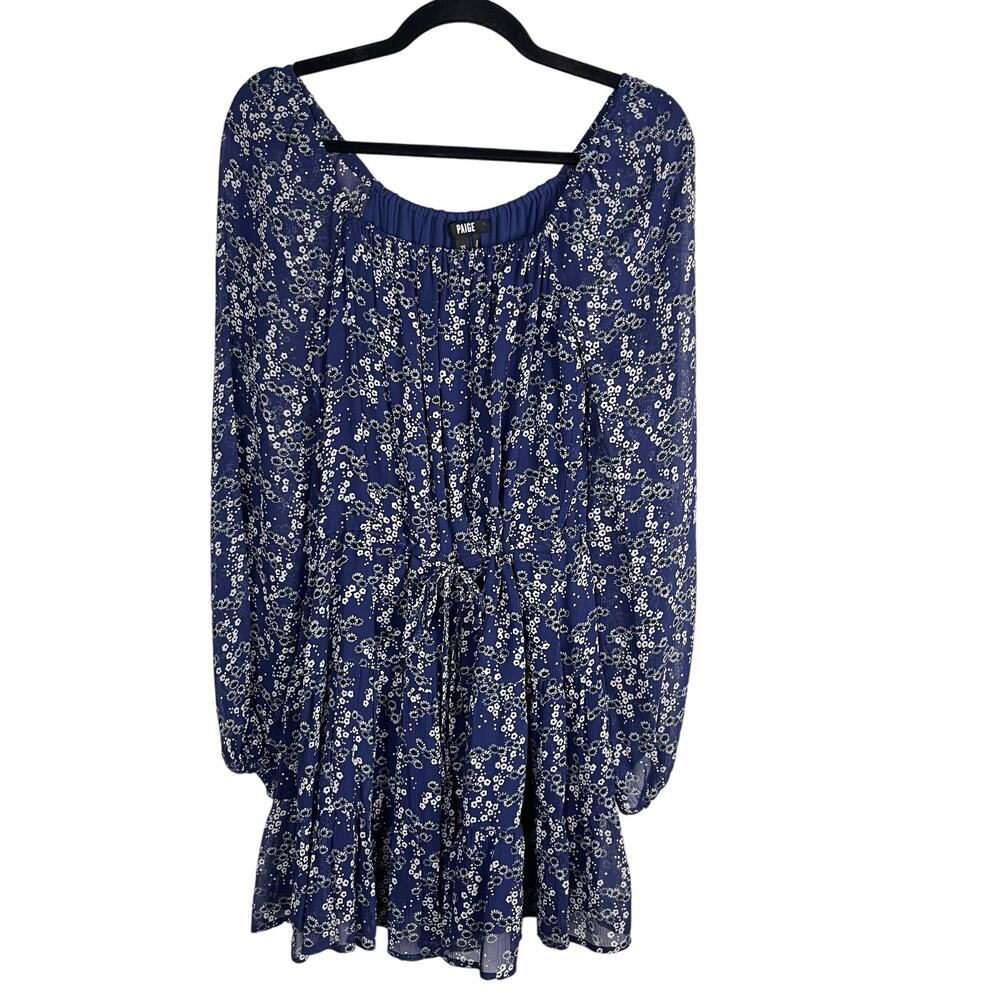 Paige XSmall XS Dark Ink Blue Marjoram Floral Silk Dress Square Neck Long Sleeve